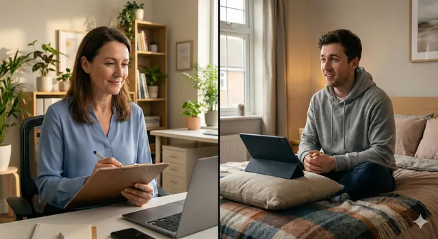 Person in a virtual therapy session from home