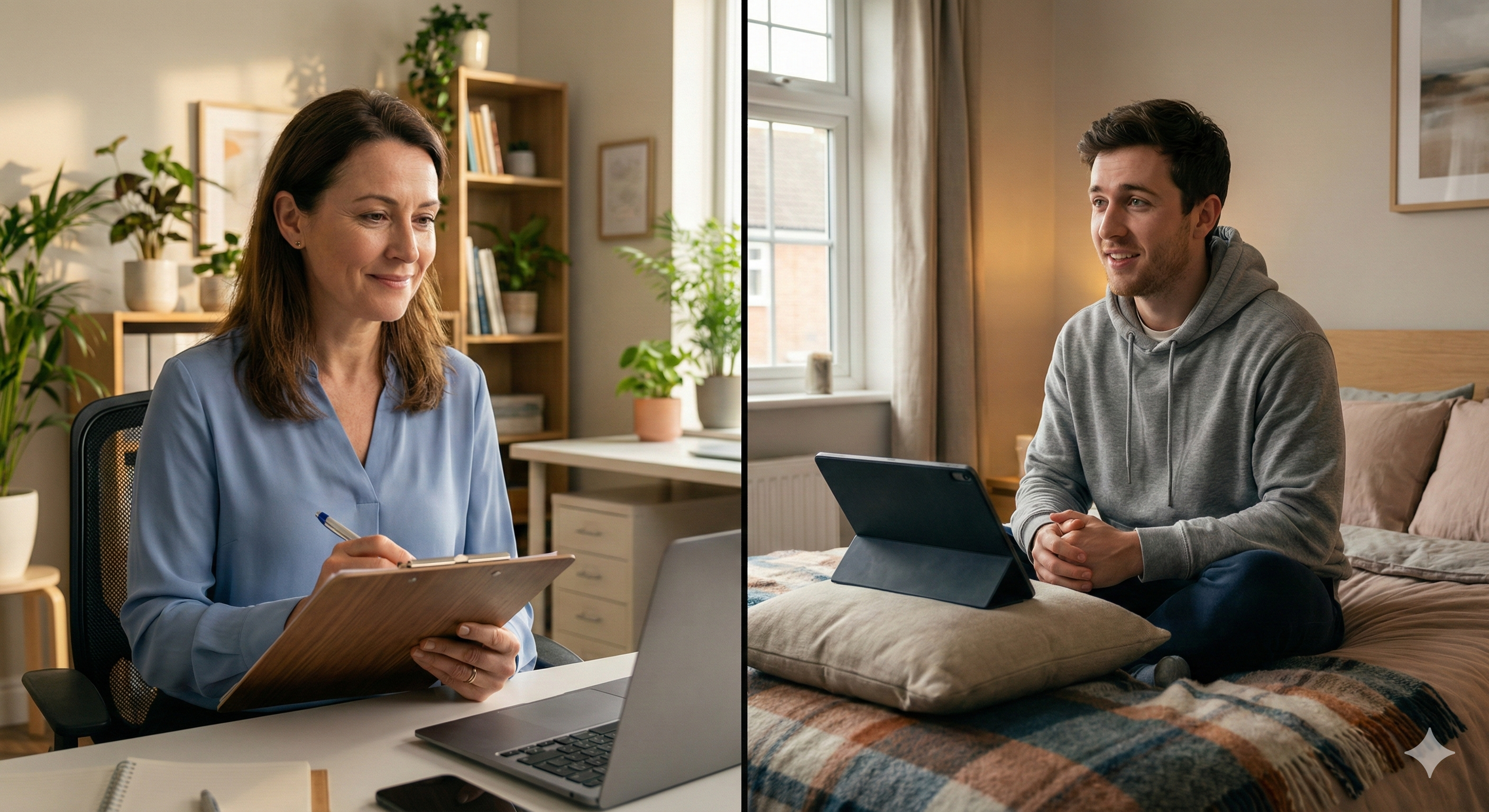 Person in a virtual therapy session from home