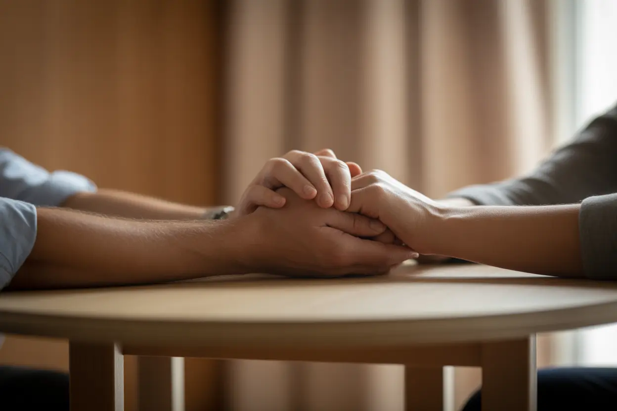 A close-up of one person's hand resting supportively on another's forearm, conveying empathy and connection.