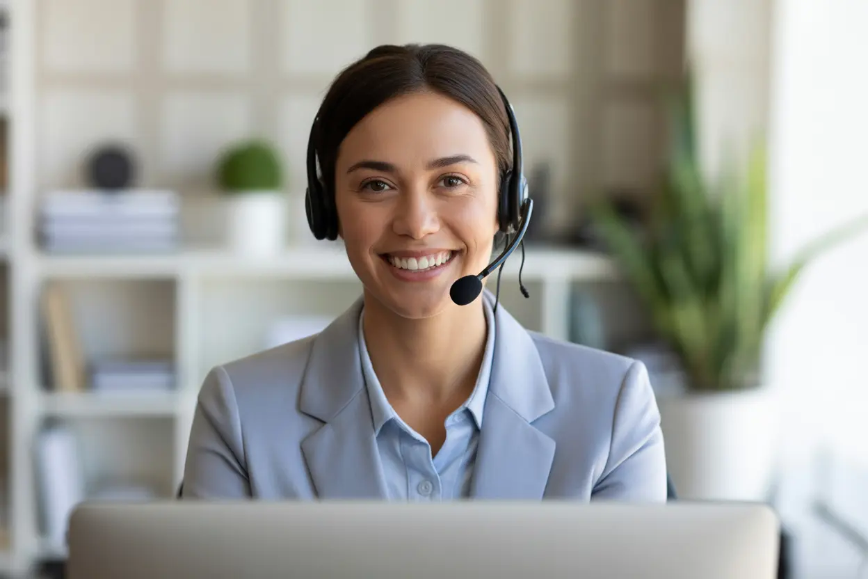 A friendly admissions navigator with a headset, smiling and ready to help someone find addiction treatment.