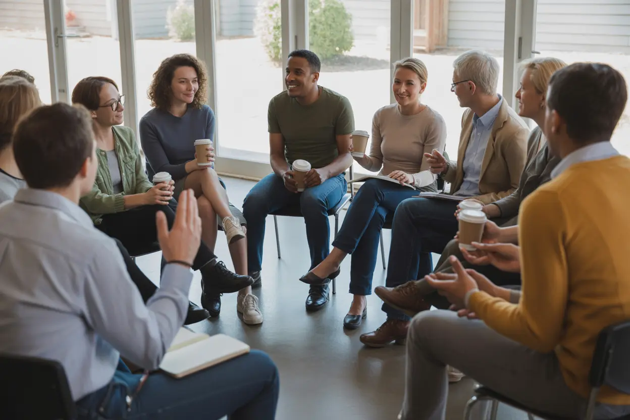 A diverse group of people sitting in a circle at a community meeting, listening to one person speak.