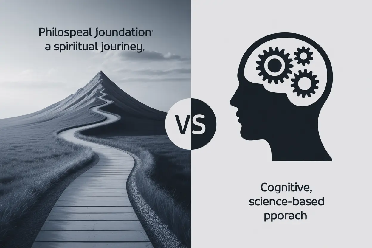 A split image contrasting a spiritual mountain path with a scientific diagram of a brain with gears, symbolizing different recovery philosophies.