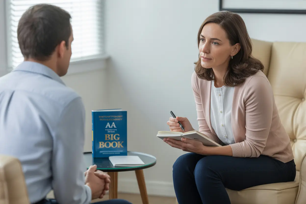 A therapist and client discuss treatment options, with an AA Big Book and a psychology textbook on the table between them.