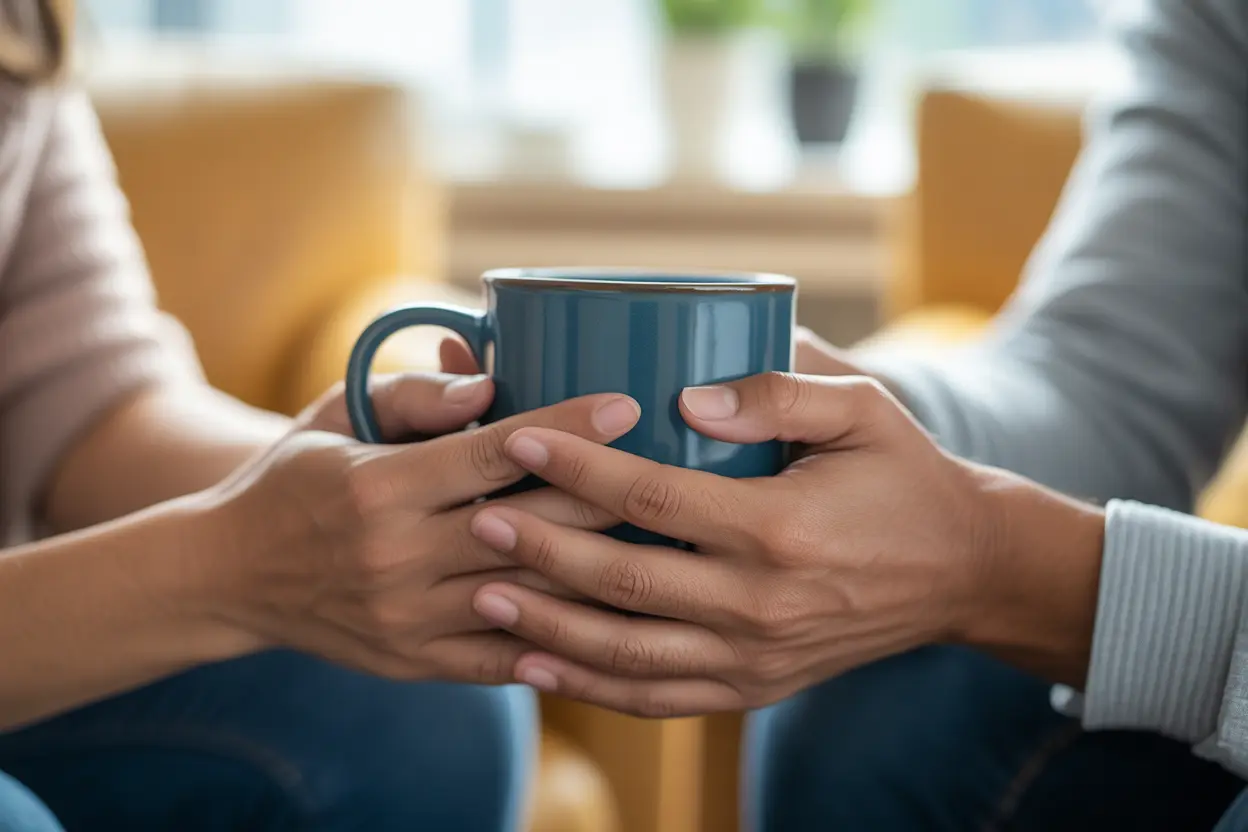 Two hands holding a warm mug, symbolizing a moment of peace and stability in recovery.