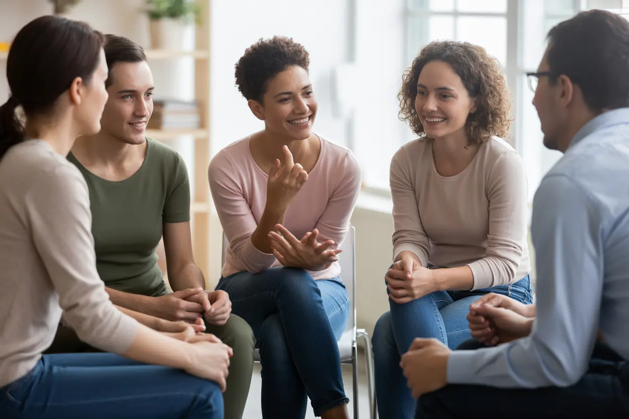 A diverse group of people in a support group meeting, showing community and hope.