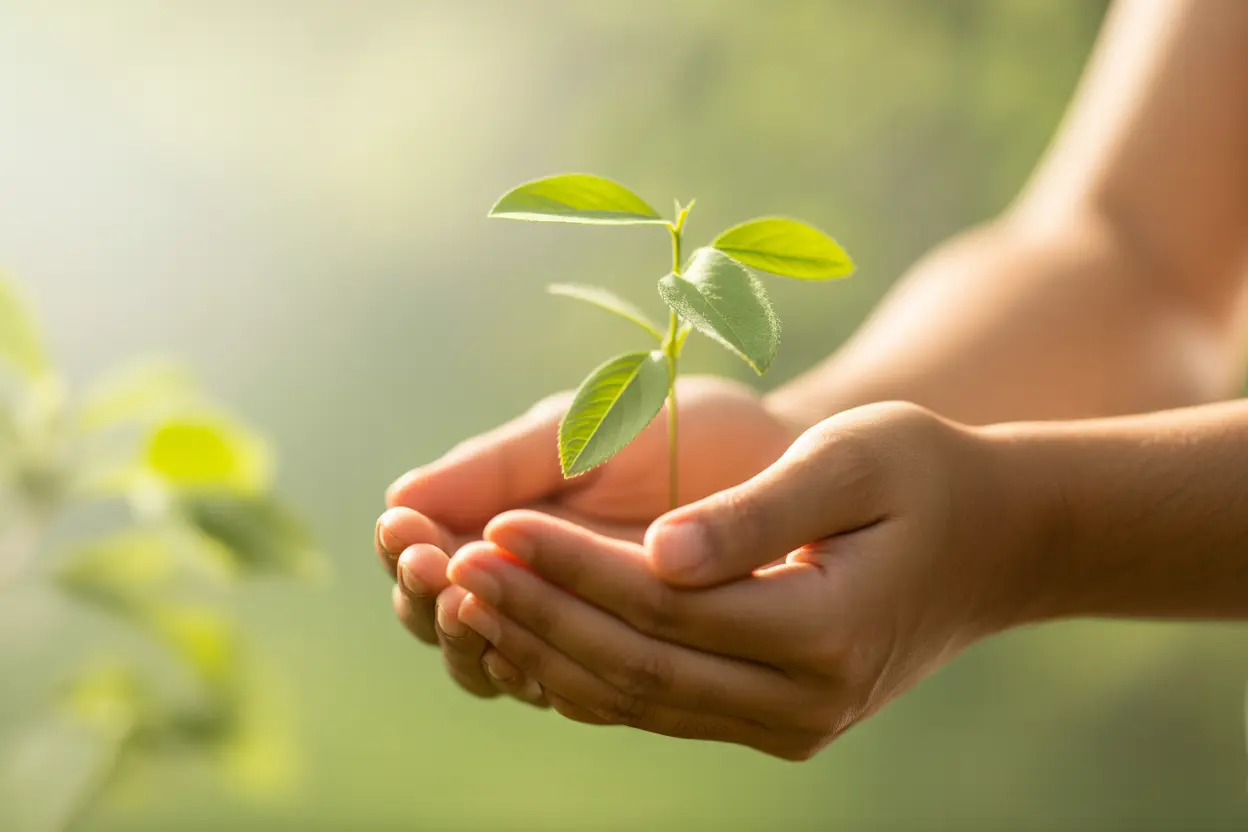 Hands holding a small green sapling, symbolizing hope, new growth, and recovery from trauma.