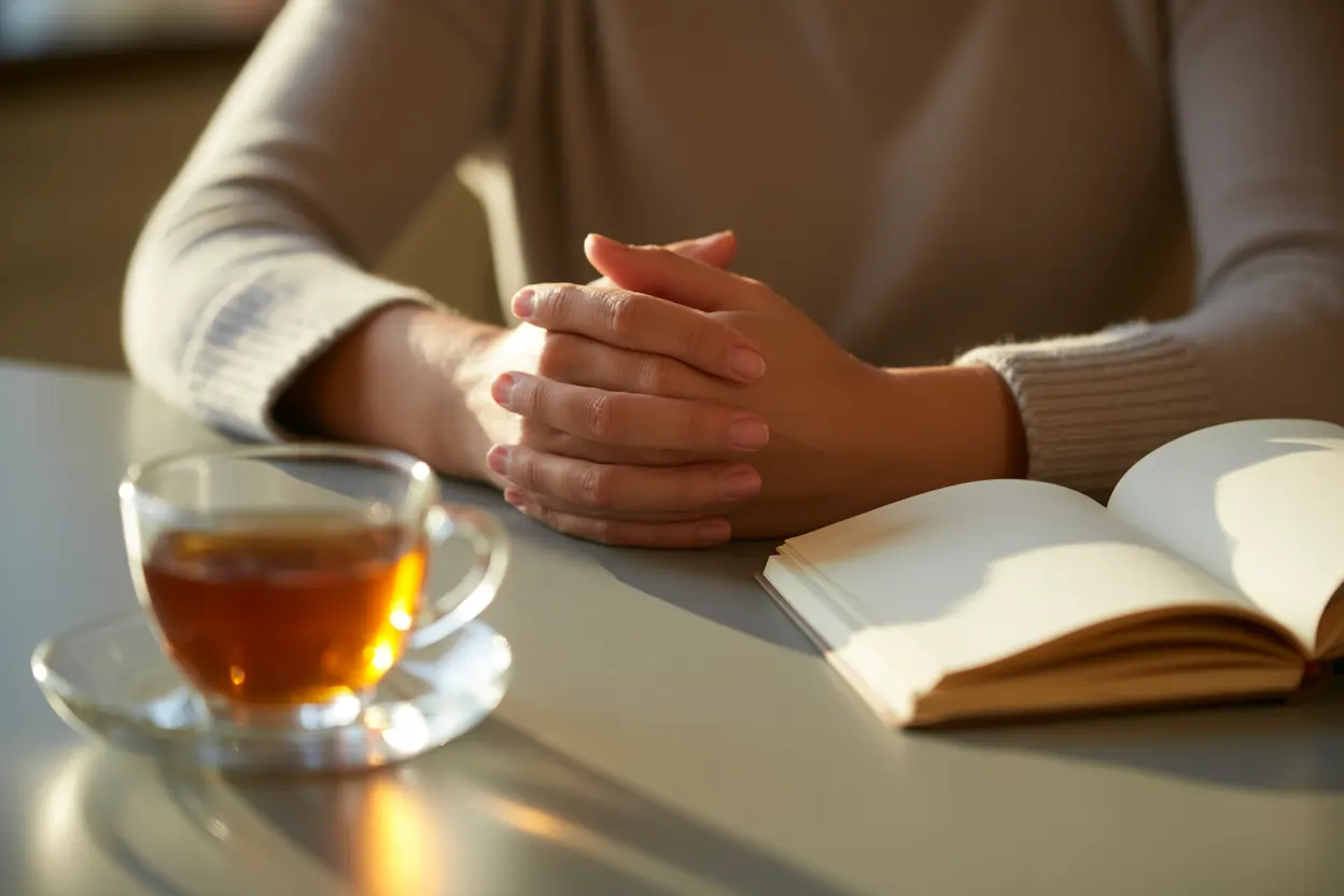 A person's hands resting calmly on a table with a journal, representing self-care while managing potential side effects.