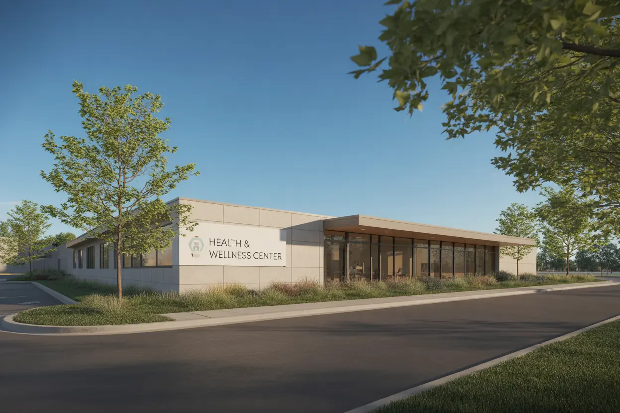 The modern exterior of a Health & Wellness Center in Indiana, representing a trustworthy rehab facility.