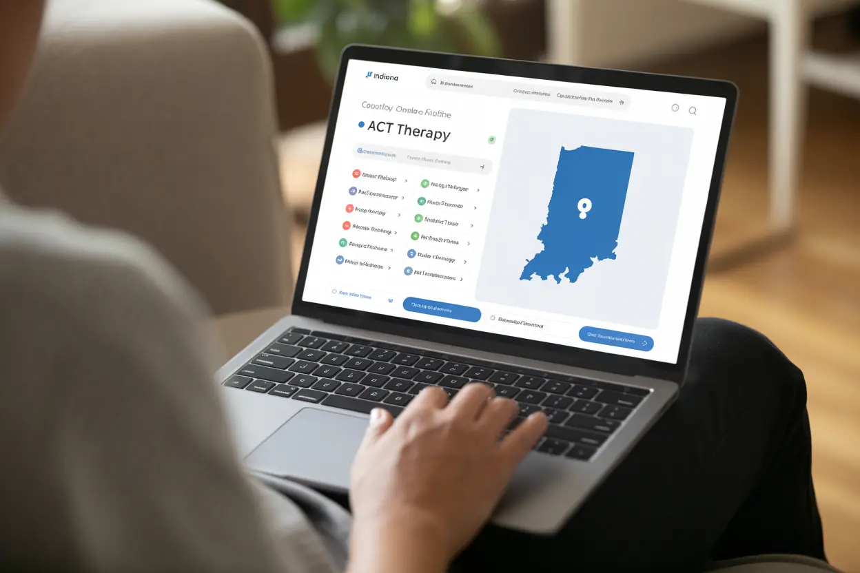 A person browsing a rehab directory on a laptop with a map of Indiana, filtering for ACT therapy.