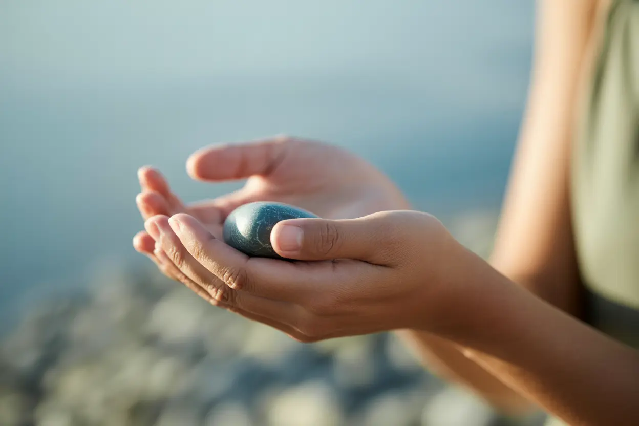 A person's hands holding a smooth stone, symbolizing mindfulness and acceptance.