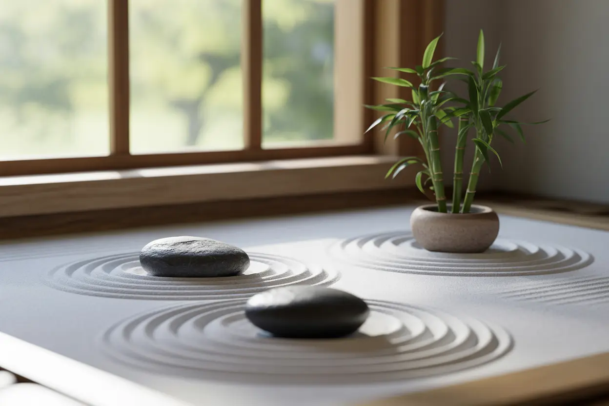 A serene indoor zen garden with raked sand and smooth stones, evoking a sense of mindfulness and peace.