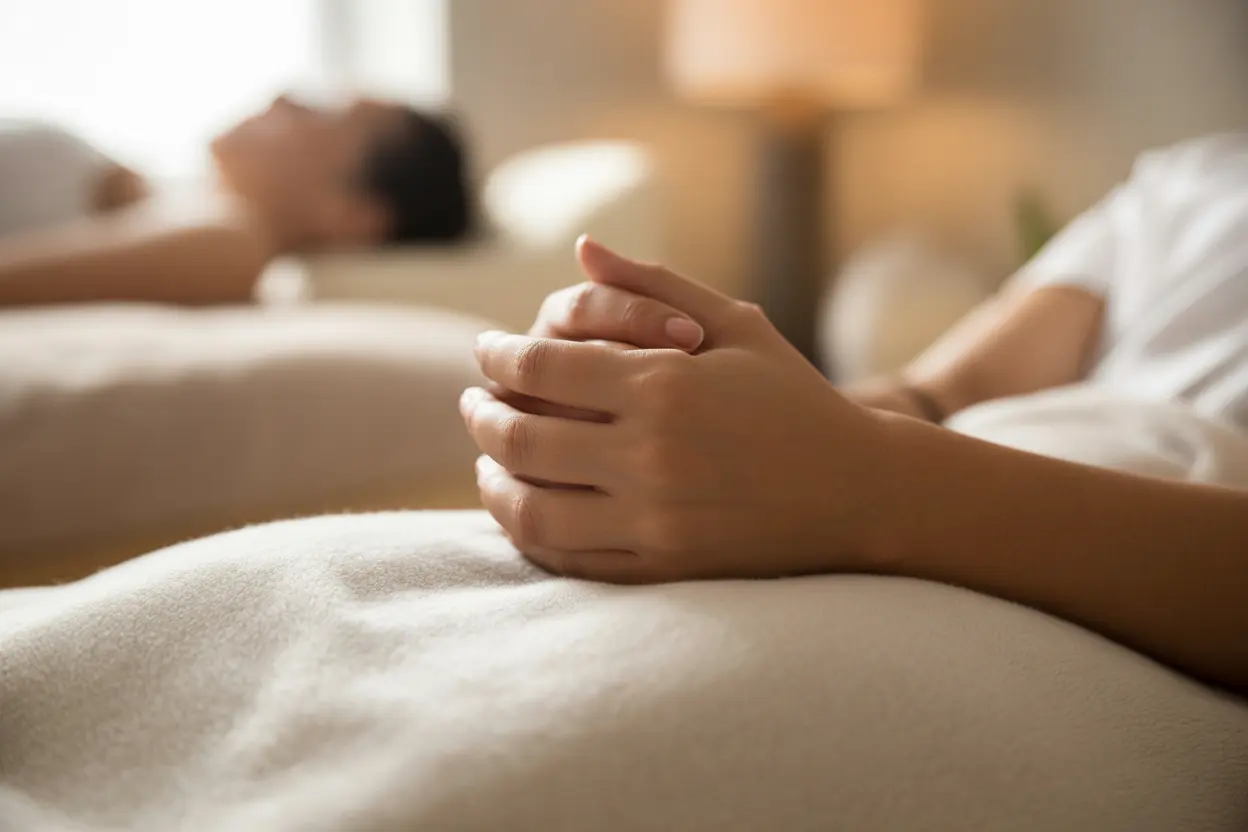 Hands resting peacefully on a soft blanket in a calm treatment room, conveying tranquility.