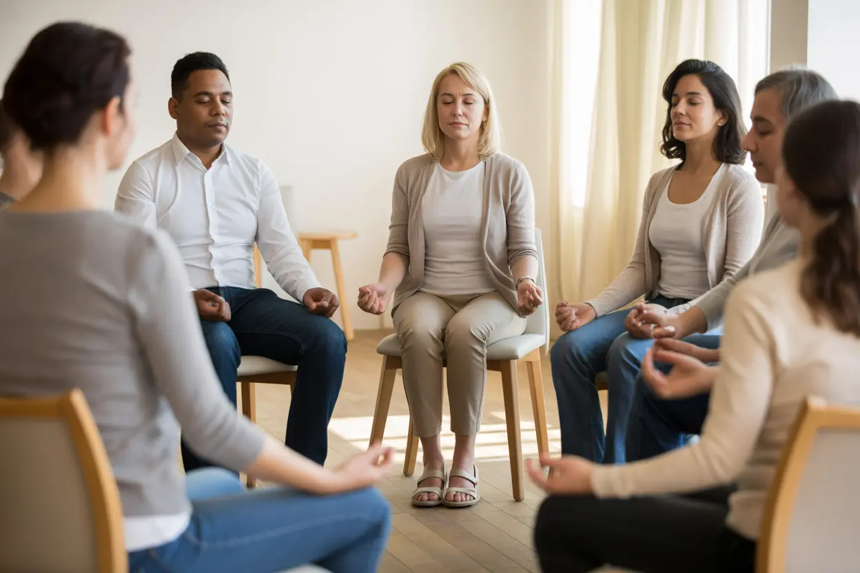 A group of people sitting in a circle in a calm, supportive setting during a therapy session.