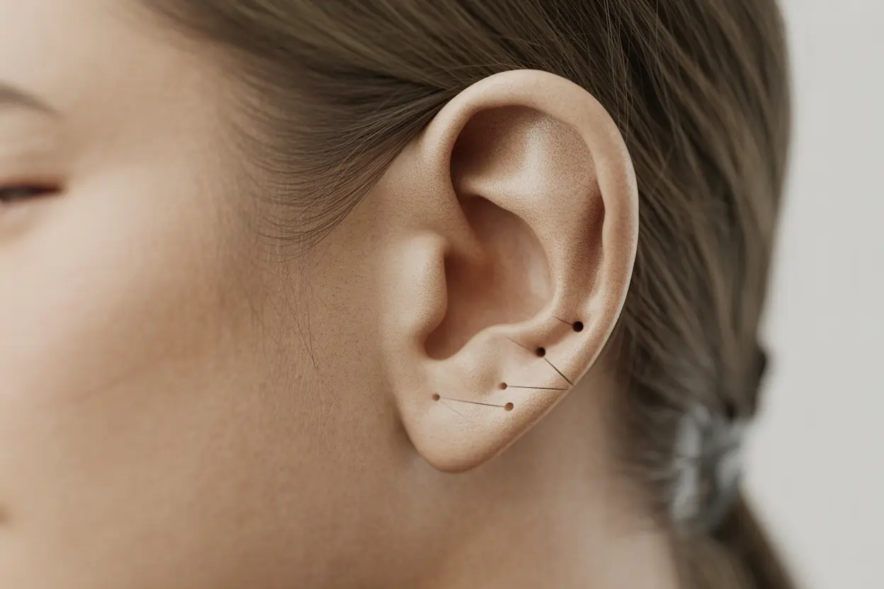 An illustration of the five Acudetox points on the human ear, used in acupuncture for addiction treatment.