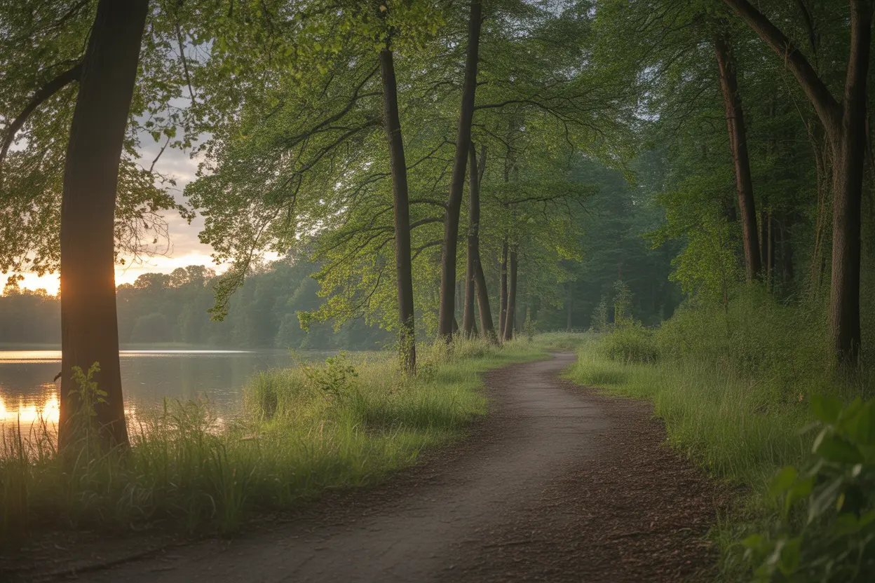A quiet forest path with soft sunlight filtering through the trees, symbolizing a space for healing.