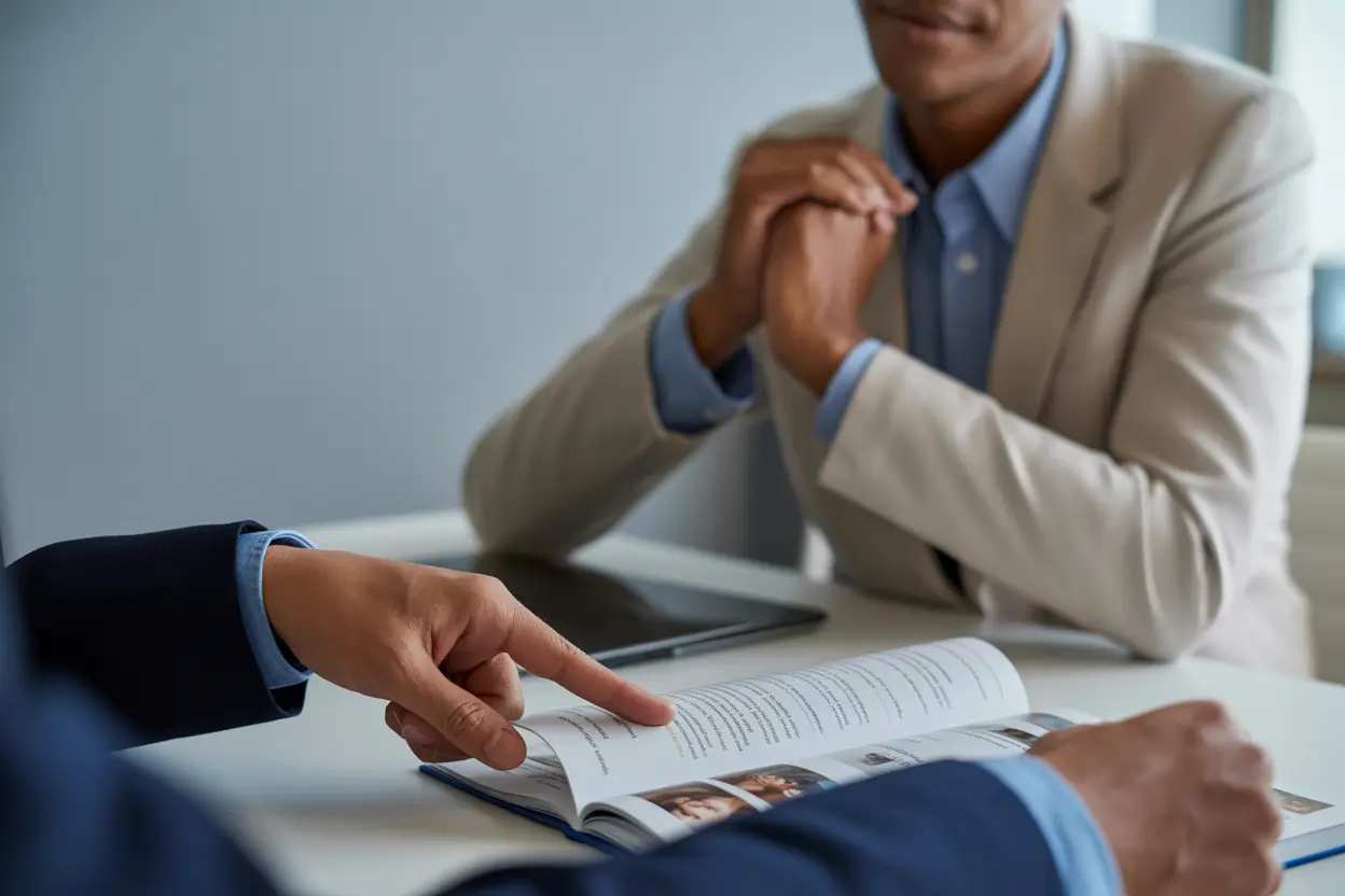 A person's hands pointing to a brochure while a staff member listens attentively, showing empowerment and advocacy in an office setting.