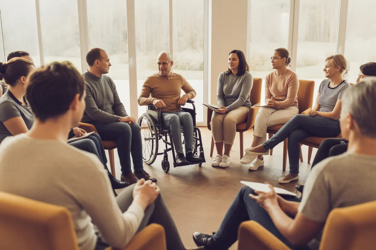 A diverse group of people in a brightly lit room having a supportive therapy session, including a person in a wheelchair.