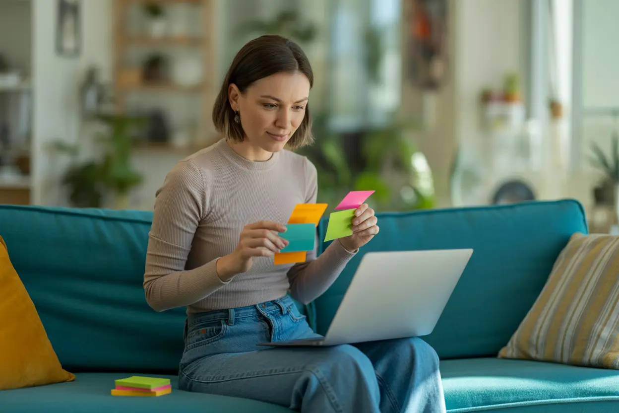 A focused woman sits on her couch with a laptop and sticky notes, proactively managing her tasks in a sunlit Indiana apartment.