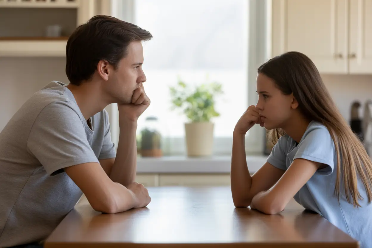 A parent and a teenager sit at a table with a gap between them, symbolizing a communication breakdown that can be bridged with therapy.