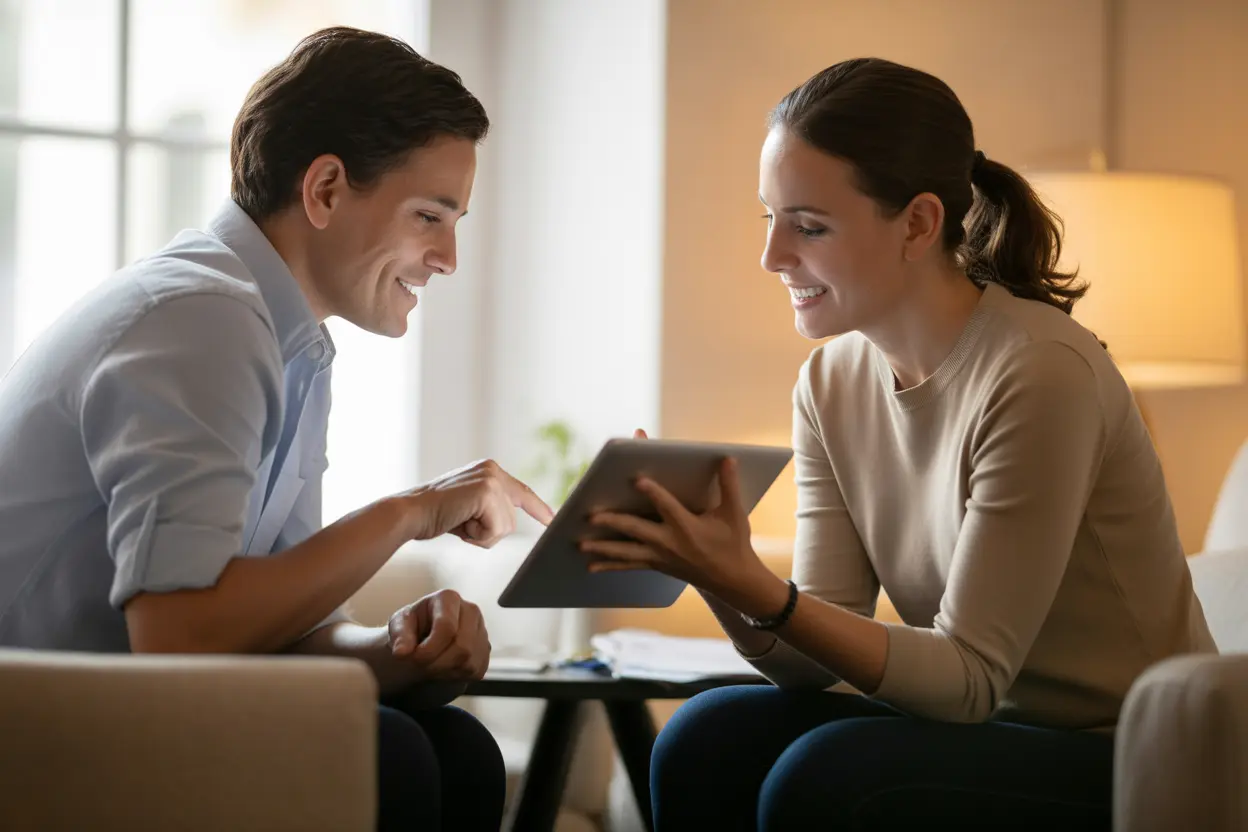 A counselor and an adult client review a treatment plan together on a tablet in a sunlit office.
