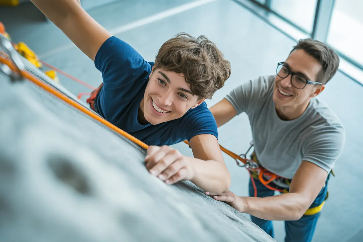 A young adult smiles proudly after reaching the top of an indoor climbing wall.