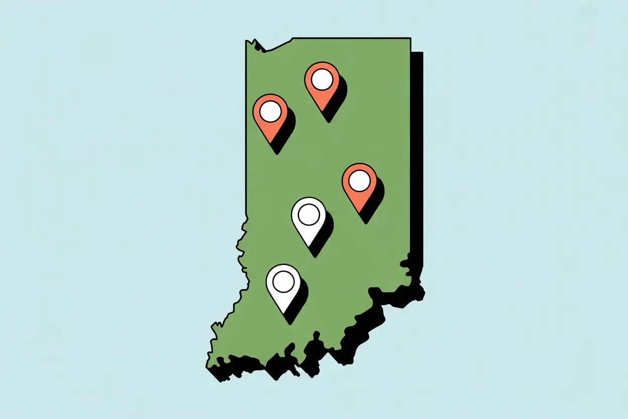 A map of Indiana with location pins indicating treatment centers.