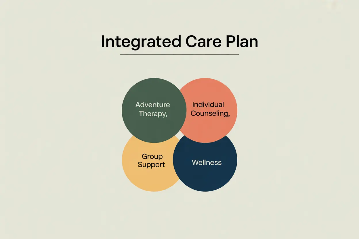 A graphic showing how adventure therapy connects with individual counseling and group support.