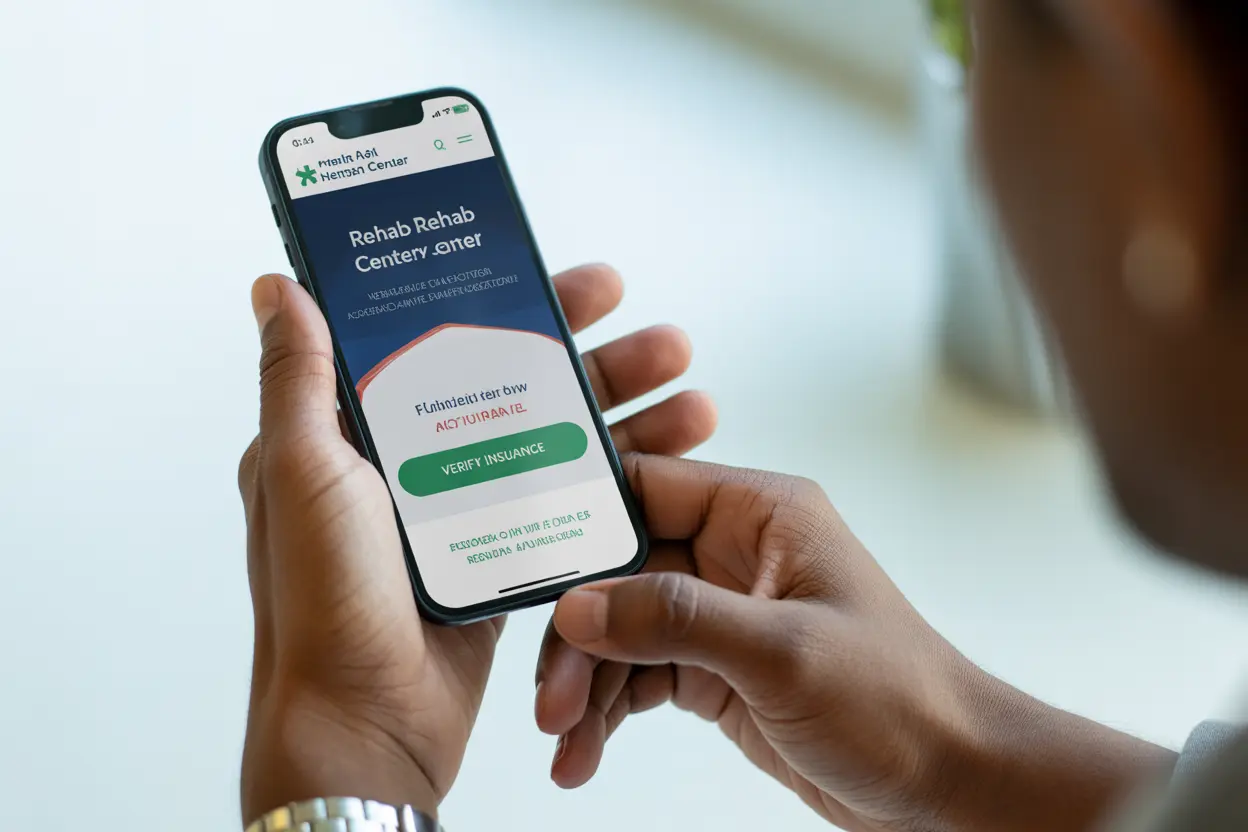 A person holds a phone, about to click a 'Verify Insurance' button on a rehab website.