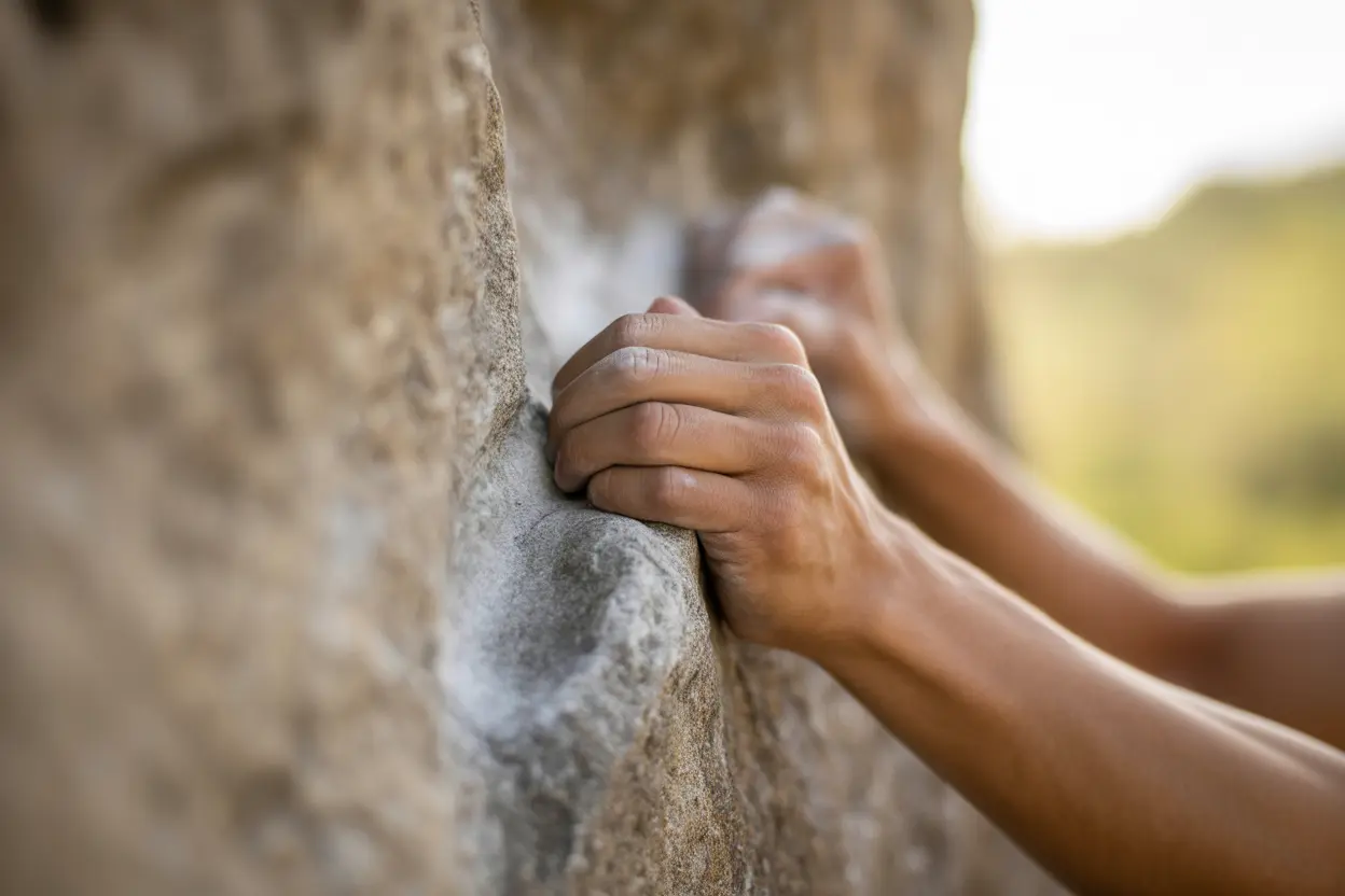 Close-up of hands gripping a rock climbing hold, showing determination.