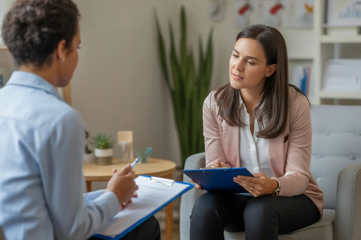 A therapist discusses a treatment plan with a client in a safe office environment.