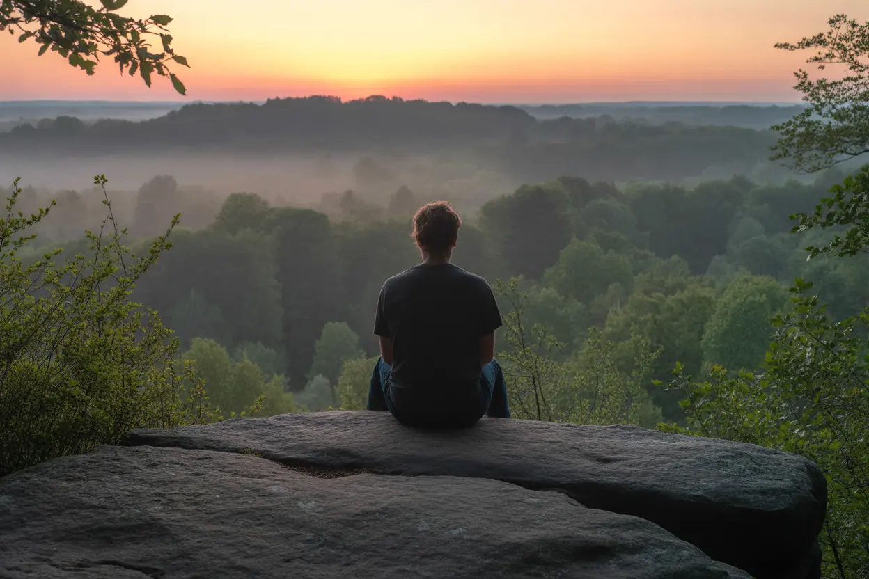A person reflects quietly while sitting on a rock overlooking a misty Indiana forest.