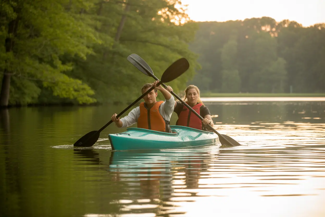 Two people kayaking in sync on a calm Indiana lake at sunset.