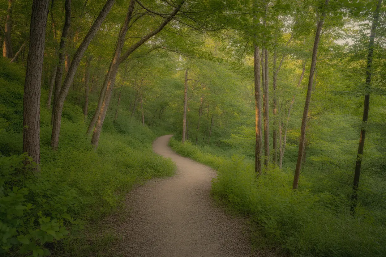 A serene hiking trail winds through a sunlit forest in Indiana, suggesting a peaceful path to healing.