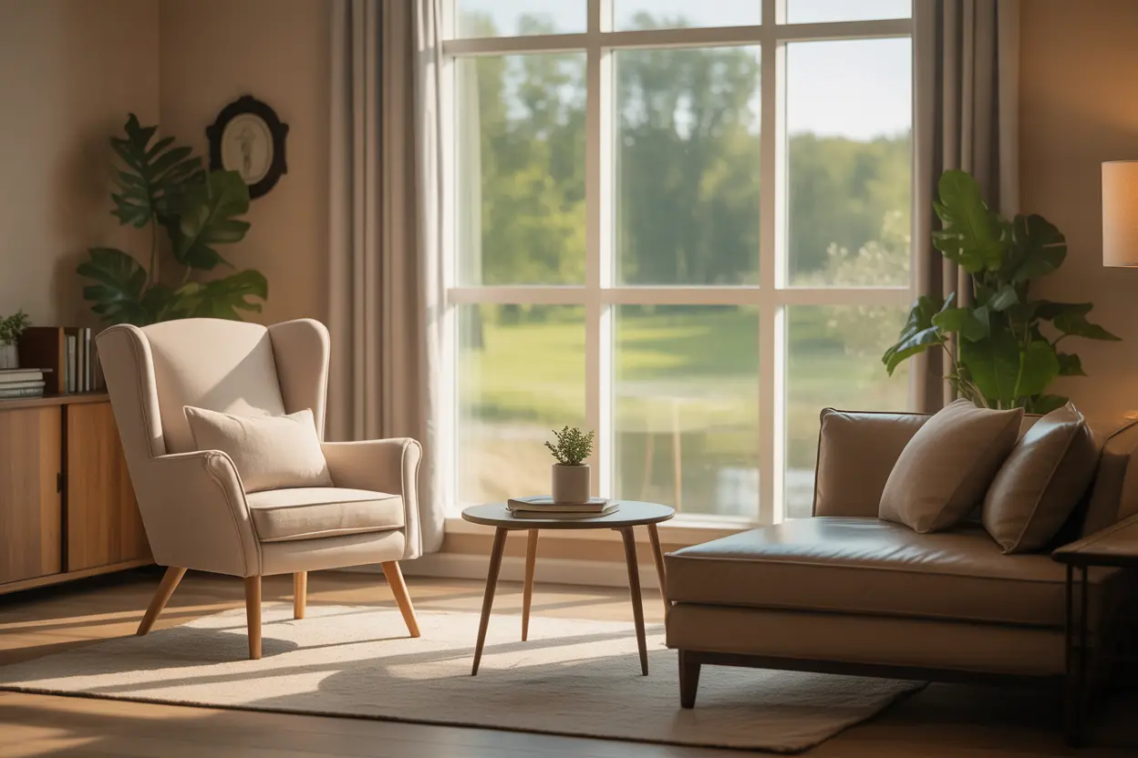 A warm, inviting, and professional therapy office in Indiana, creating a sense of safety and support for agoraphobia treatment.