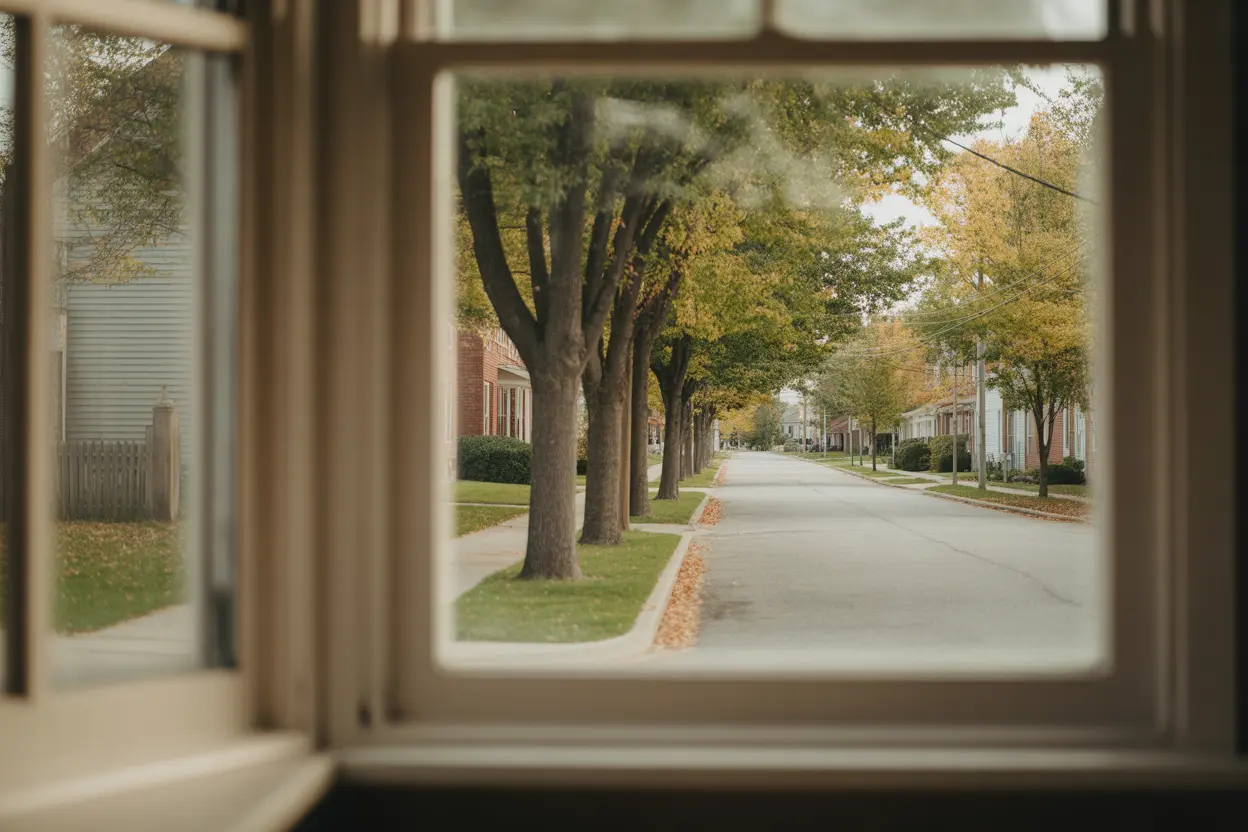 A peaceful, tree-lined residential street in Indiana, viewed from a window, symbolizing the goal of recovery from agoraphobia.