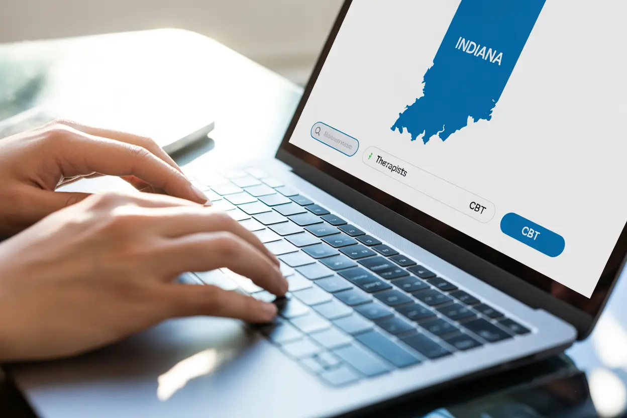 A person's hands on a laptop, searching for agoraphobia therapists in Indiana, signifying taking proactive steps toward recovery.