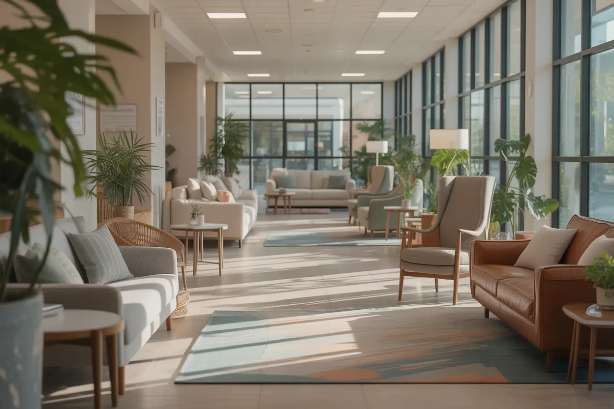 A comfortable common area in a modern addiction treatment facility.