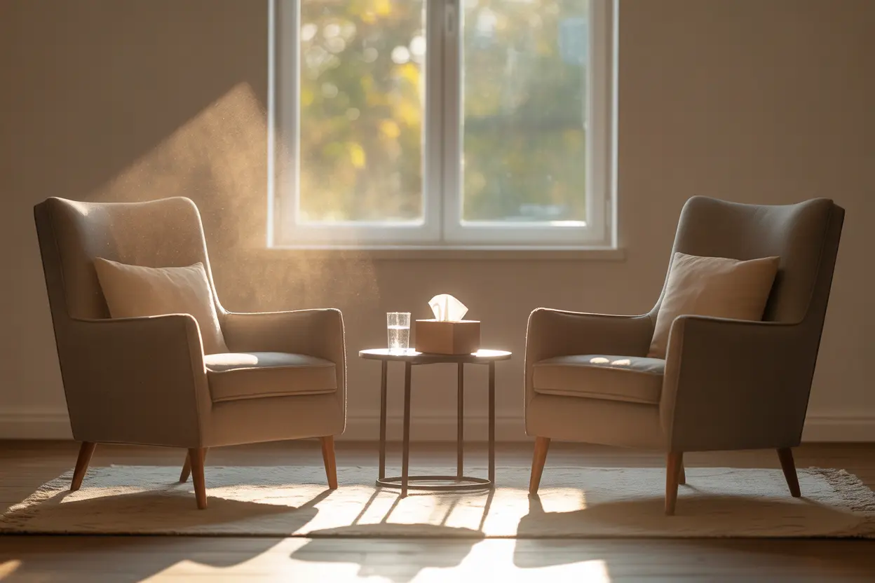 A calm and private therapy room ready for a session.