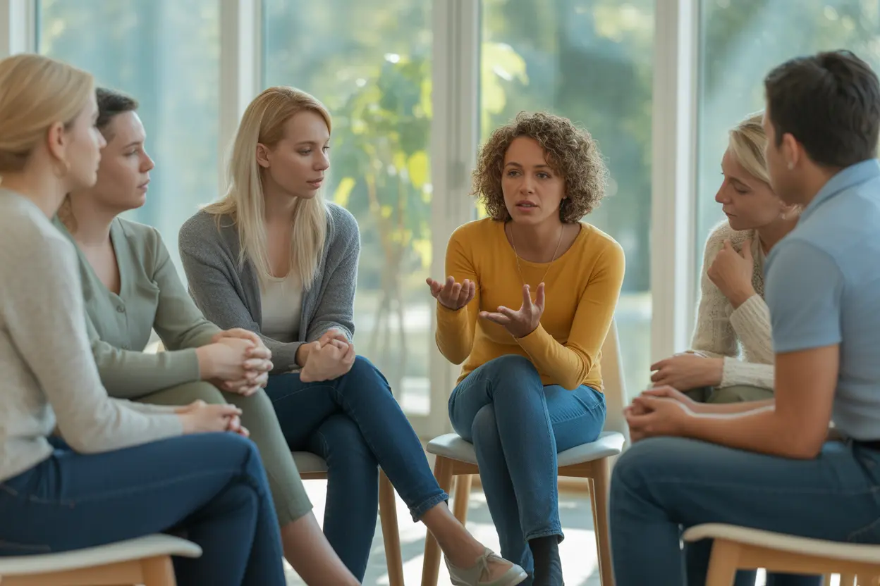 A supportive group therapy session in a sunlit, welcoming room.