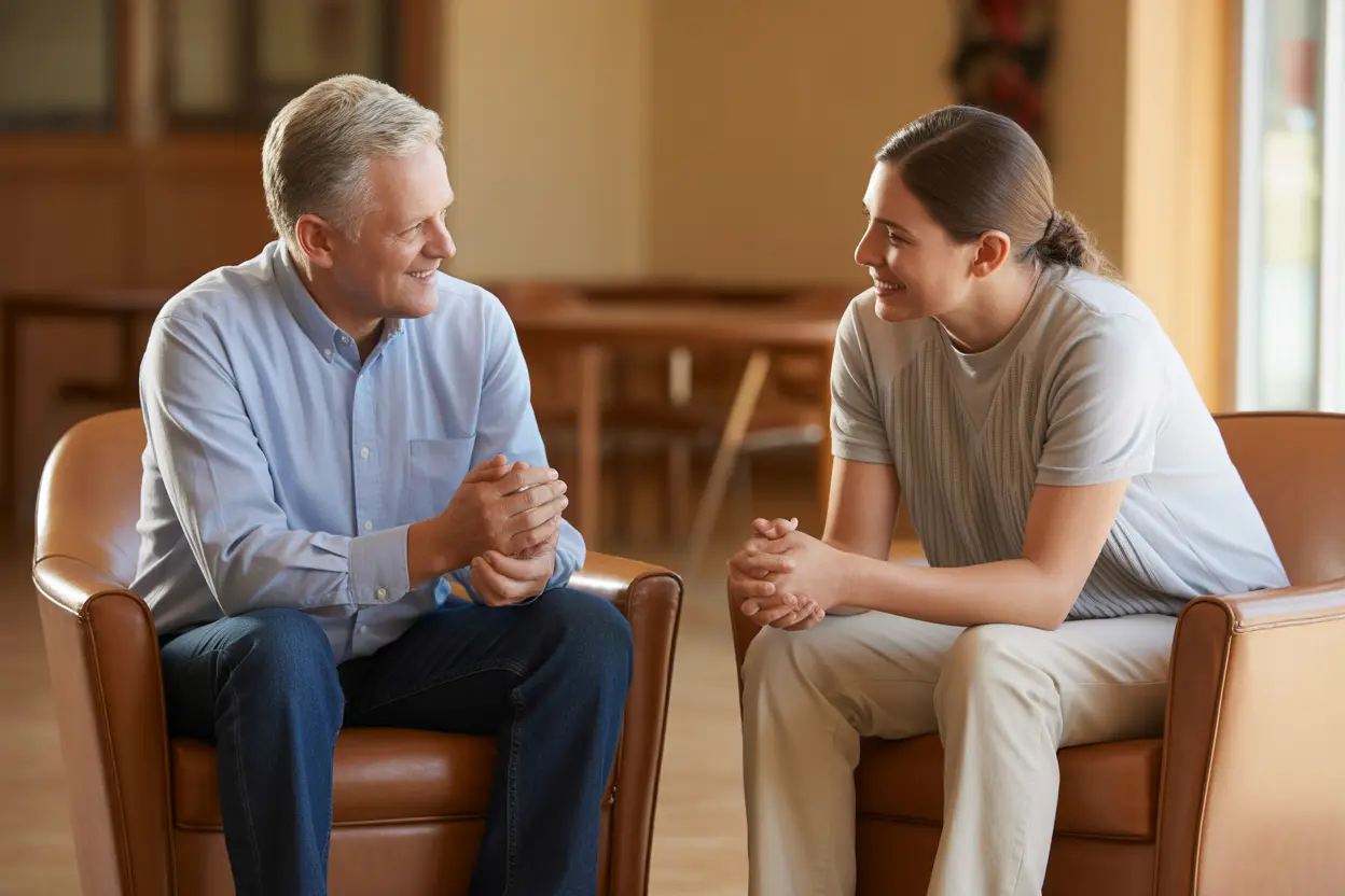 A mentor and a younger person having a supportive conversation in a quiet community hall corner.