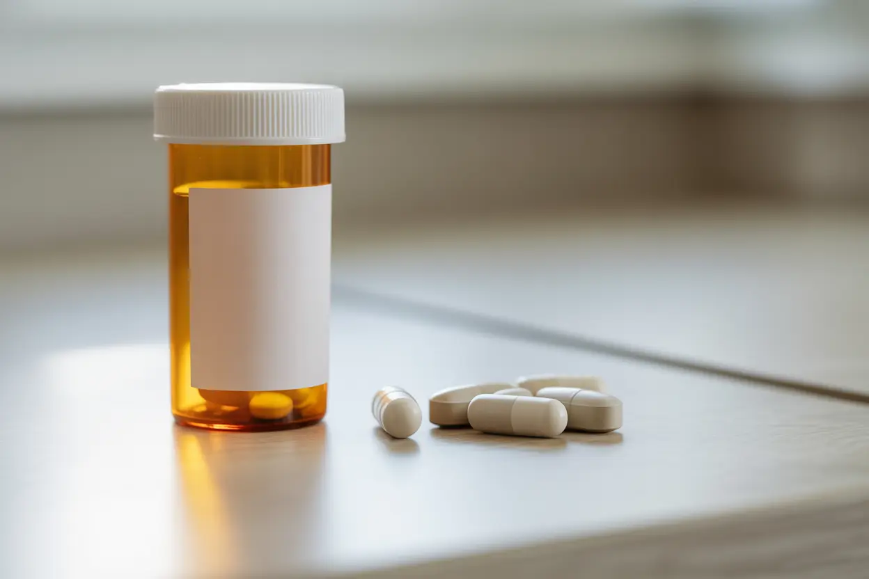 A prescription bottle of Ambien pills on a wooden surface.