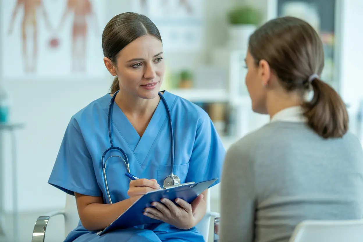 A healthcare provider compassionately listening to a patient in a calm office setting.
