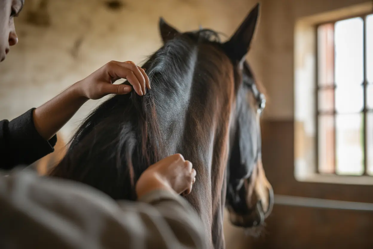A close-up of hands gently grooming a horse's mane, showing the trust and connection built during equine therapy.