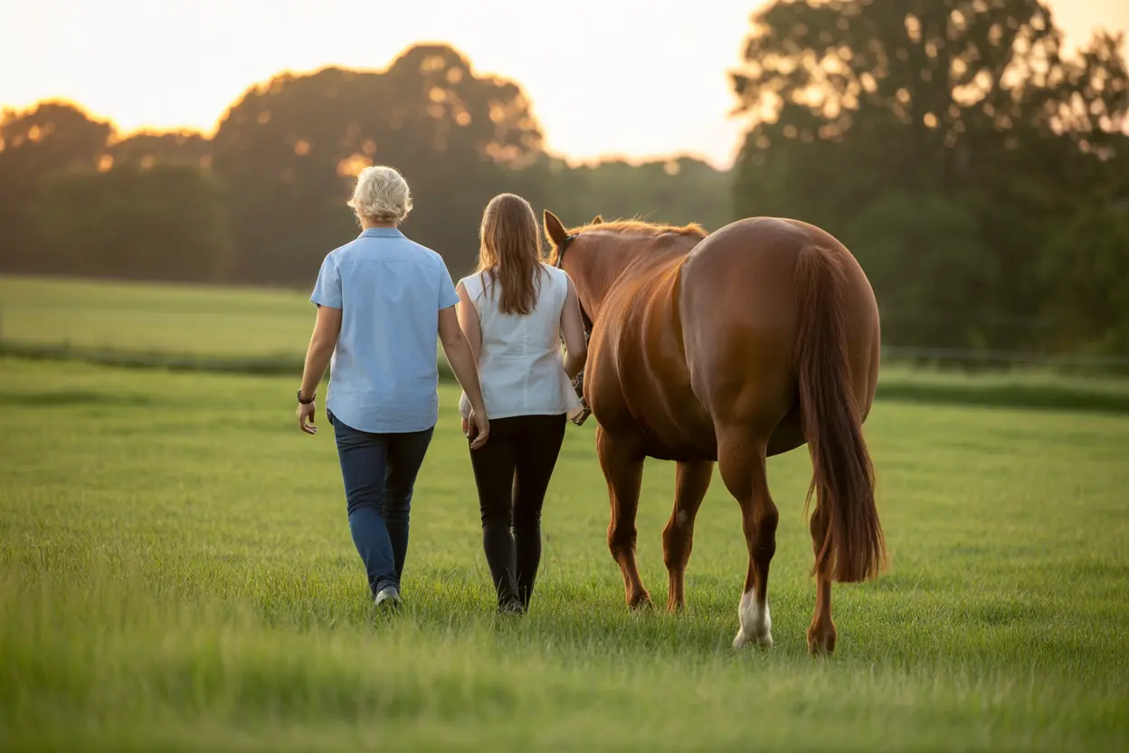 A therapist and client walking with a therapy horse in a sunny pasture, representing the peaceful nature of animal-assisted therapy.