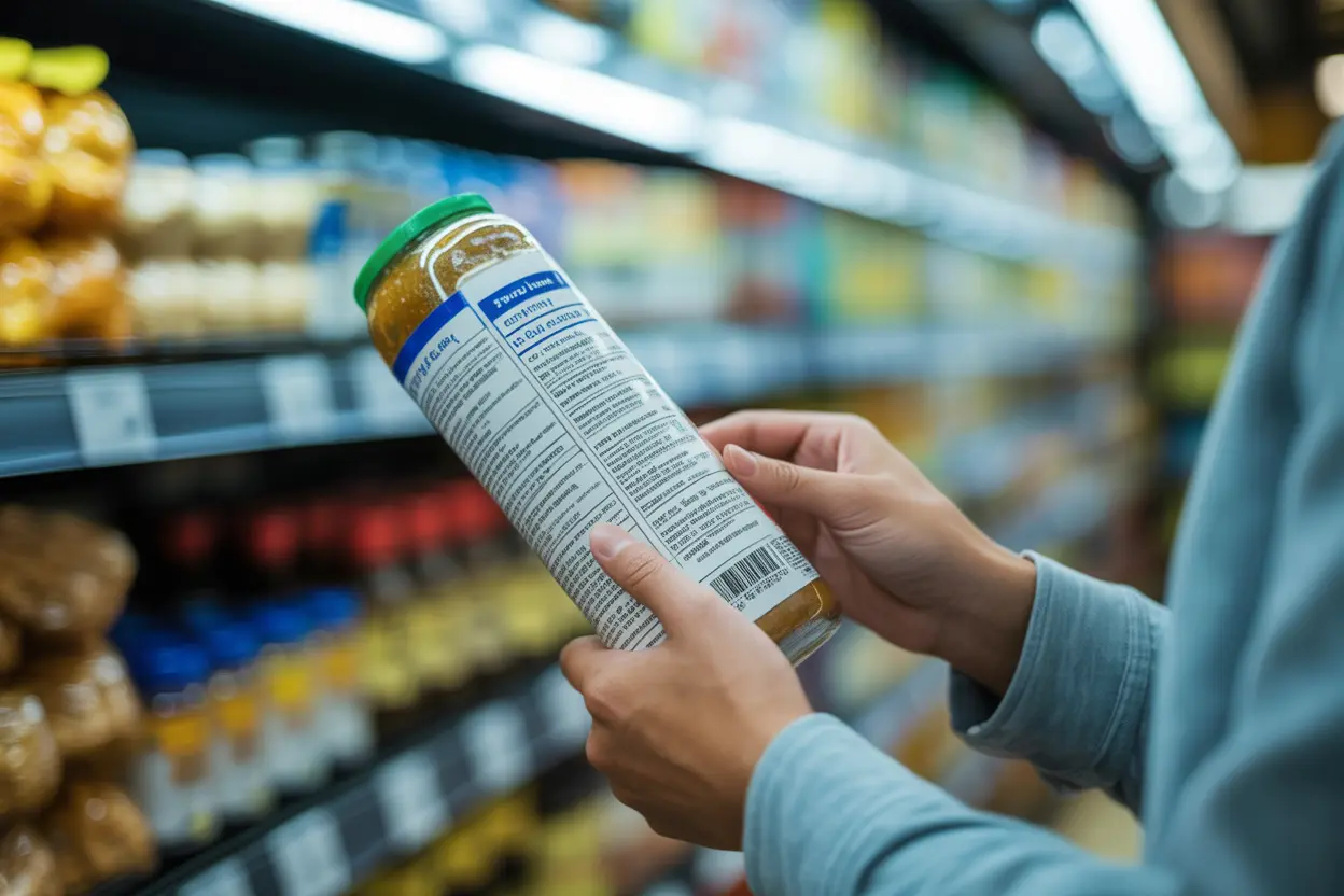 A person carefully reading the ingredients on a food label in a grocery store.