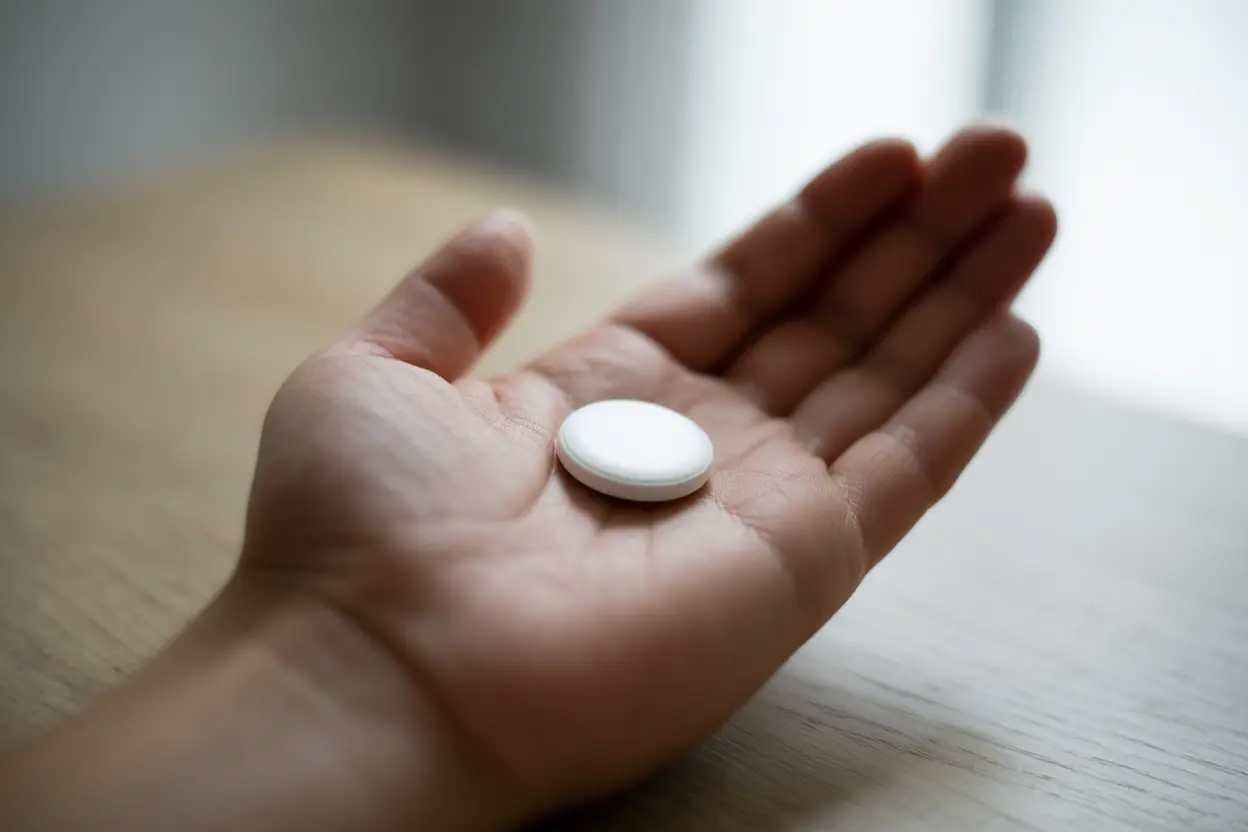 A white tablet resting in the palm of a person's hand, representing disulfiram treatment.