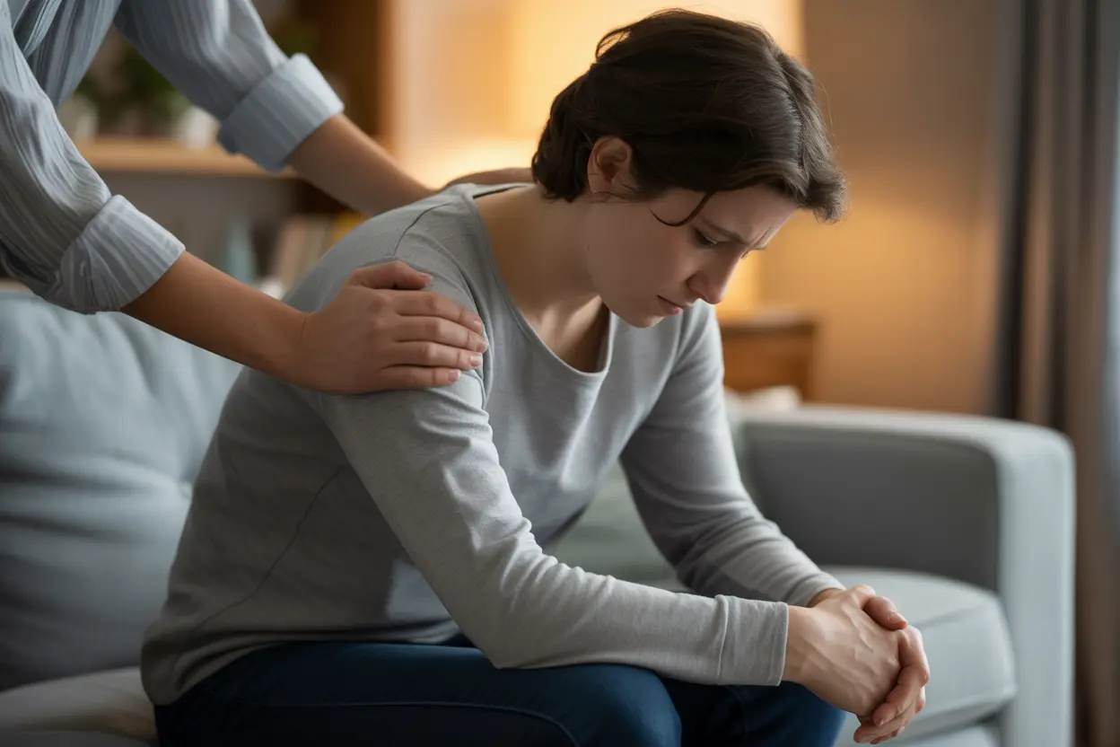 A concerned friend offers support by placing a hand on the shoulder of a tired-looking person in a warm, comfortable living room.