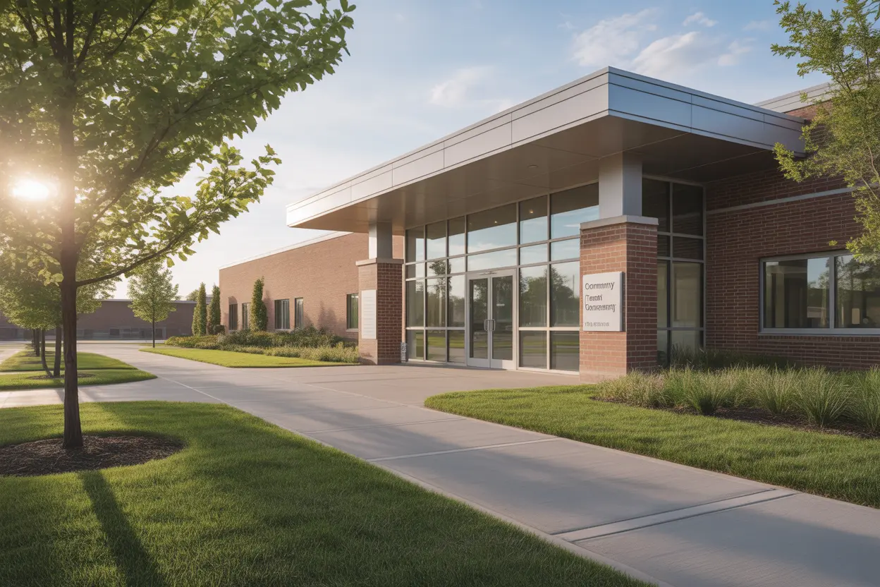The sunny, welcoming entrance of a modern brick-and-glass community treatment center in Indiana, representing a place of hope and help.