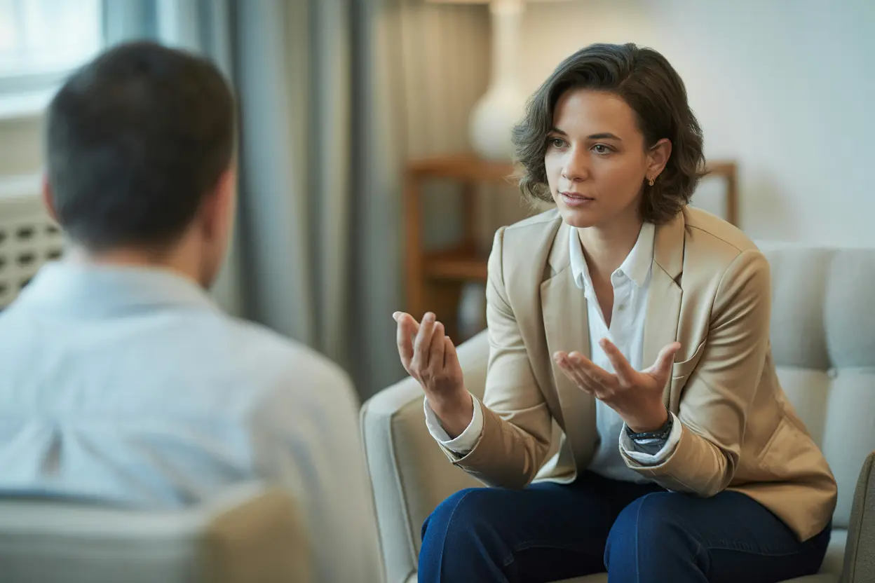 A supportive one-on-one therapy session in a calm, professional office, illustrating hope and constructive dialogue.