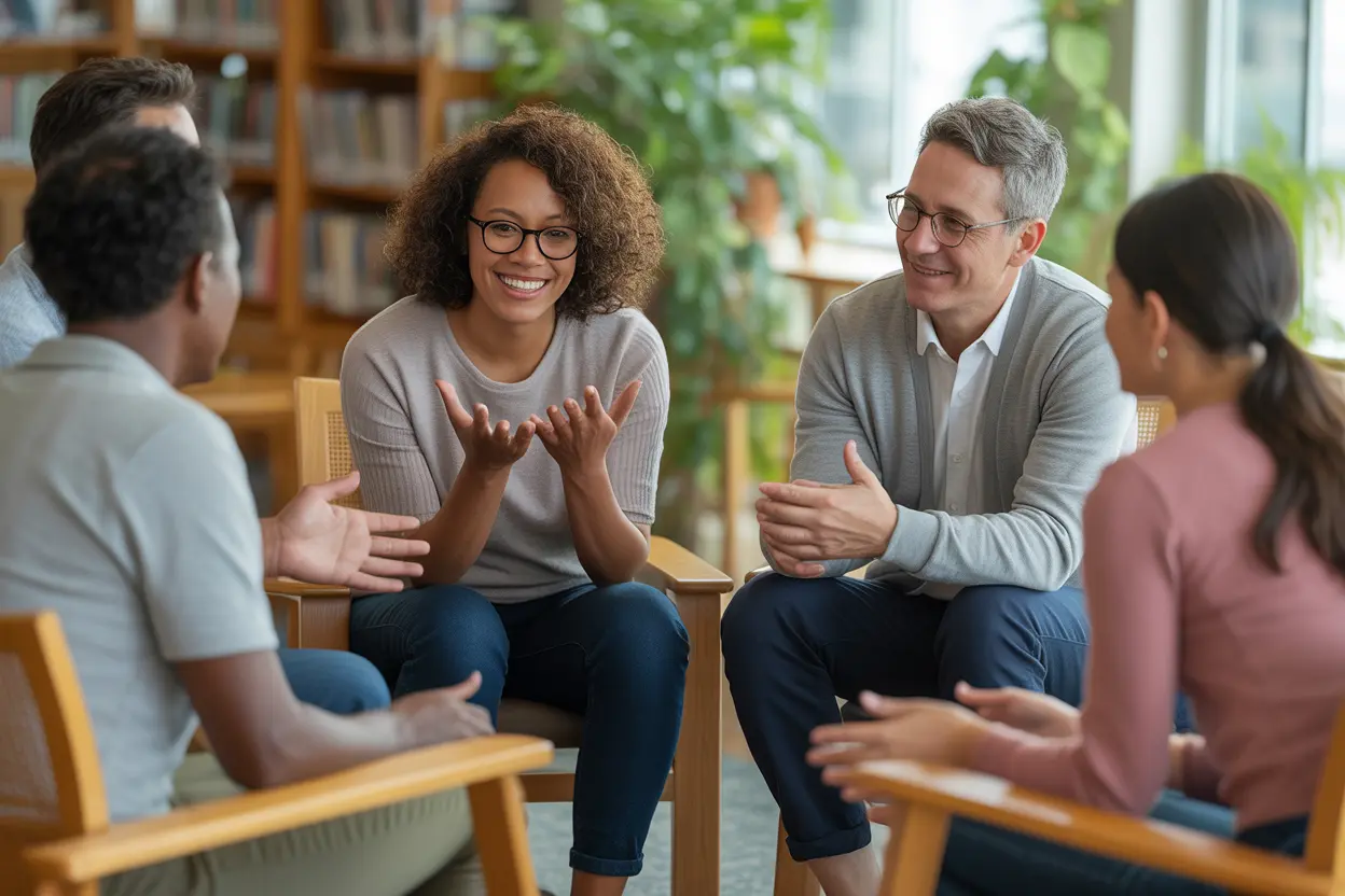 A diverse group of people engaged in a supportive conversation in a comfortable, sunlit community space in Indiana.